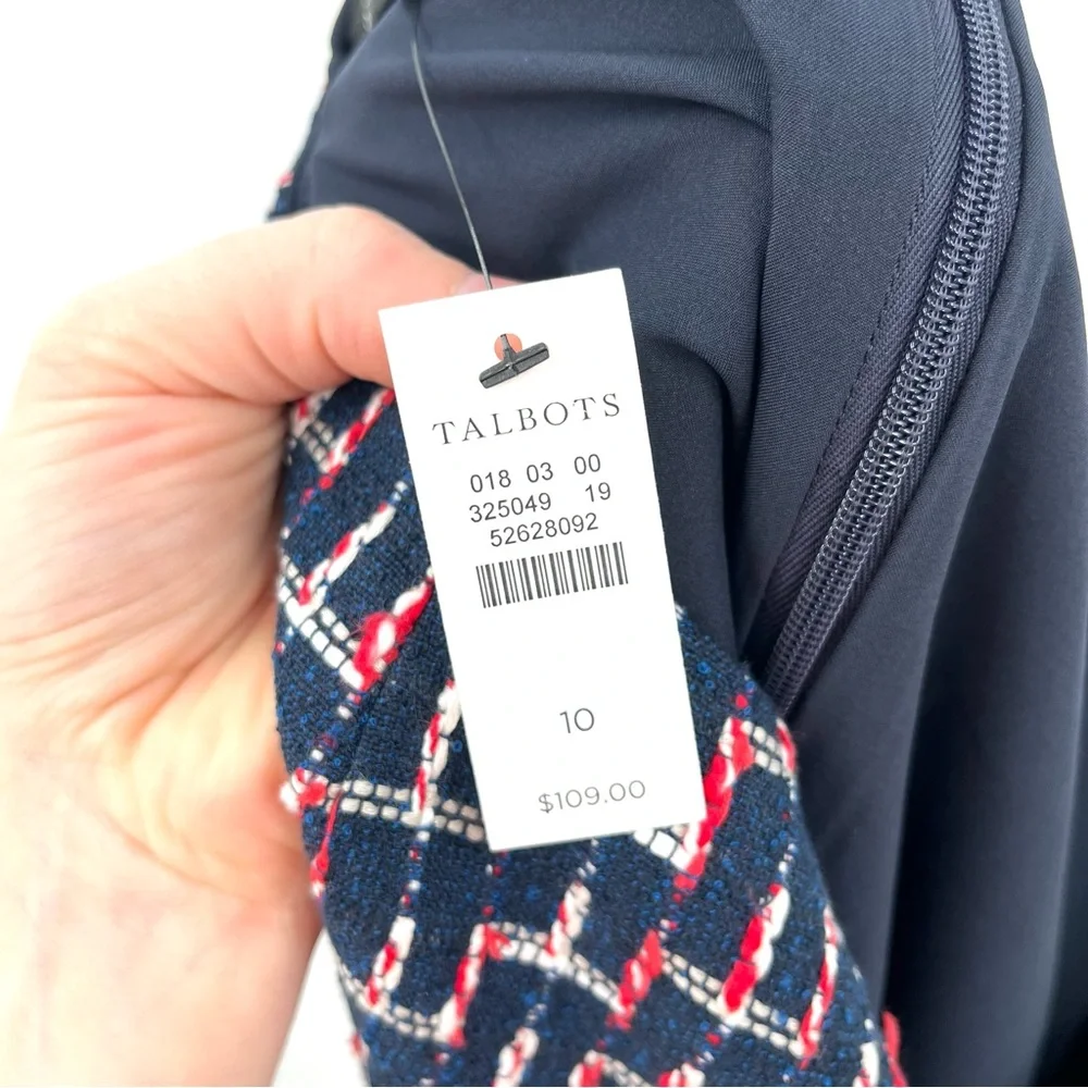 TALBOTS Boucle Tweed Knee Length Skirt Faux Wrap Buttons 10 NWT Fringe Navy Blue